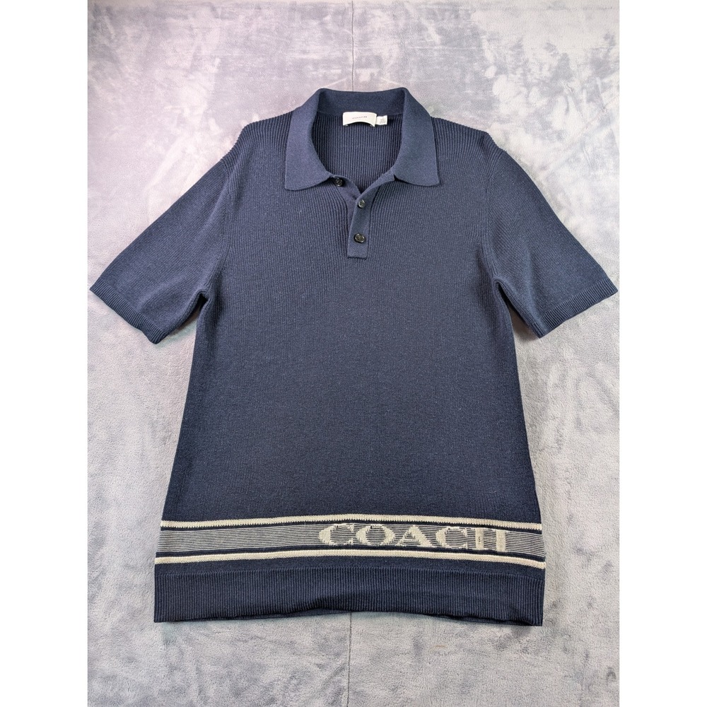 Coach Mens Navy Blue Cotton Cashmere Knit Logo Polo Shirt CO835 Size S